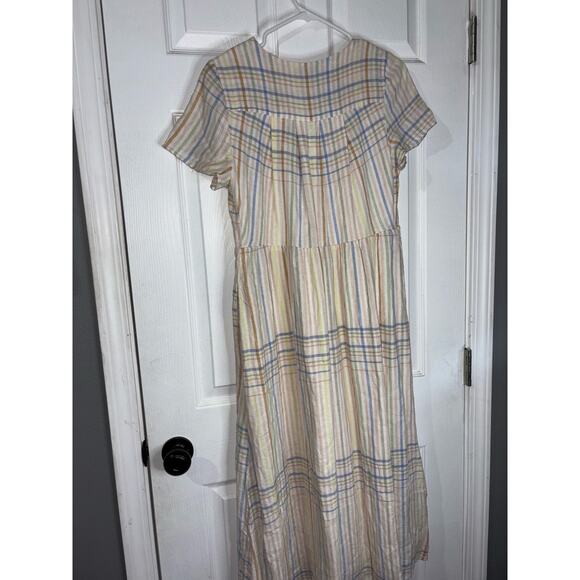 WOMEN'S CLARA PLAID LINEN BLEND MIDI DRESS IN MULTI STRIPE EMBROIDERY XS - Picture 5 of 5